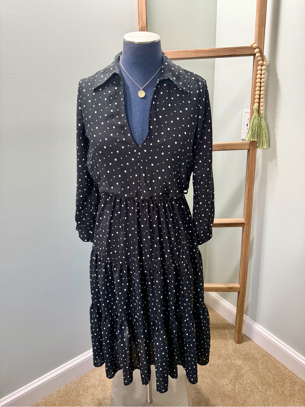 Zara Black Polka Dot Long Sleeve Tiered Midi Dress Size Small